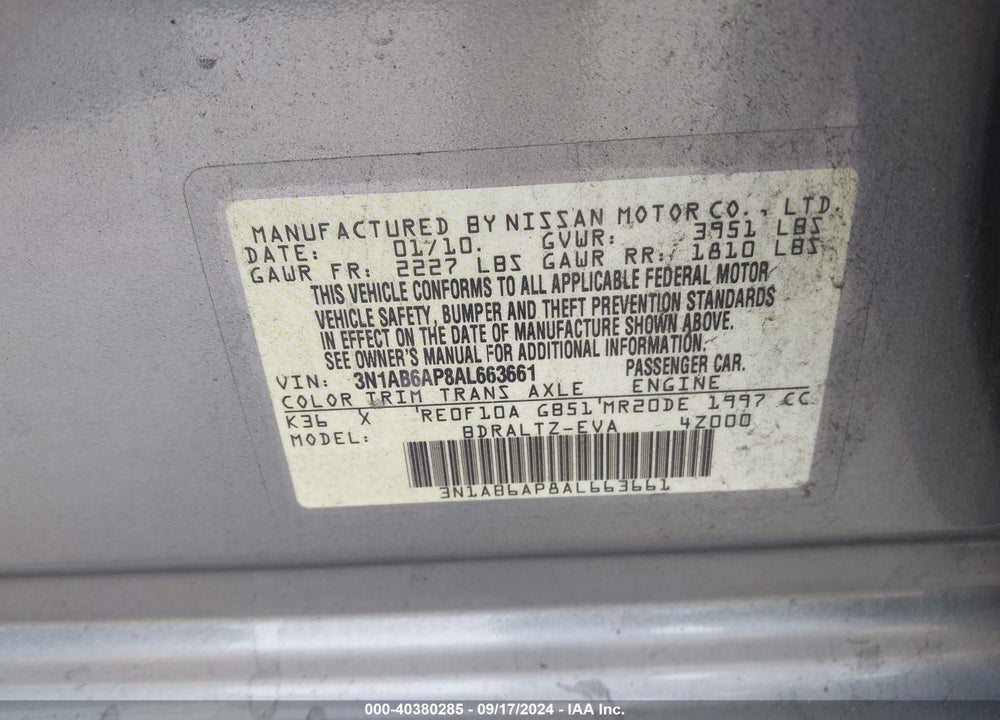 2010 NISSAN SENTRA VIN: 3N1AB6AP8AL663661