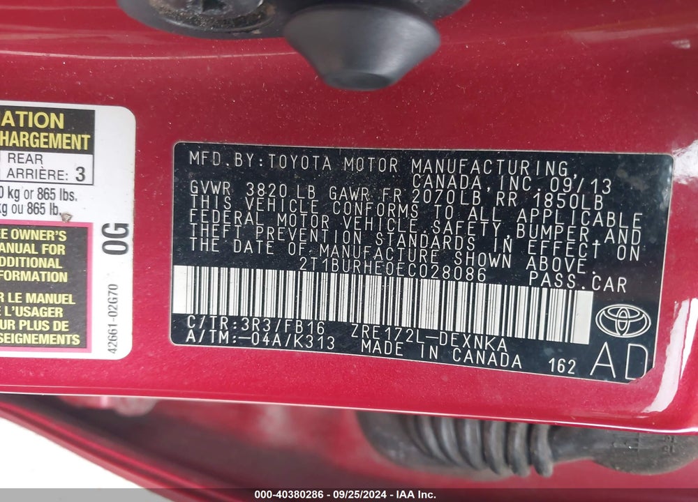 2014 TOYOTA COROLLA LE VIN: 2T1BURHE0EC028086