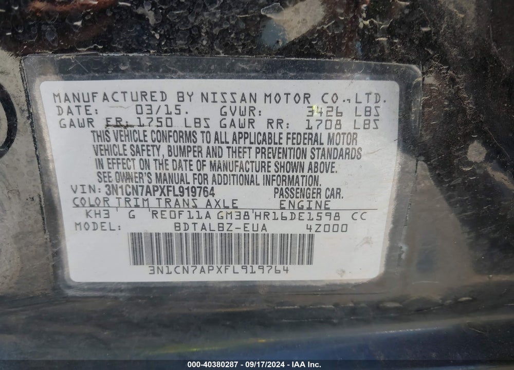 2015 NISSAN VERSA 1.6 SV VIN: 3N1CN7APXFL919764
