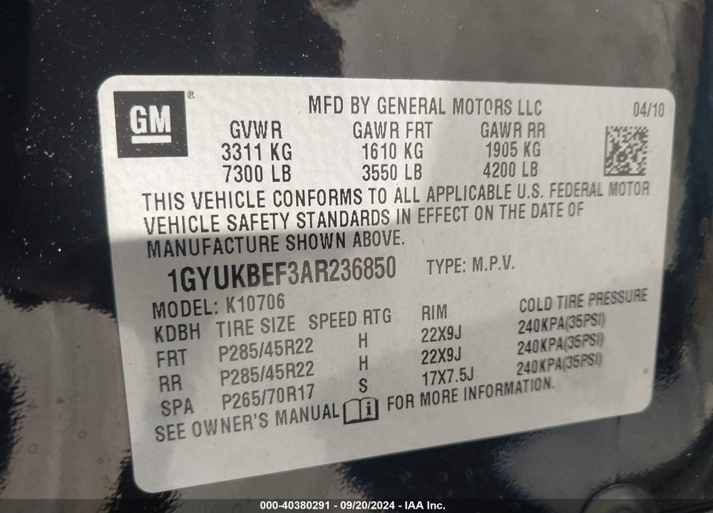 2010 CADILLAC ESCALADE LUXURY VIN: 1GYUKBEF3AR236850