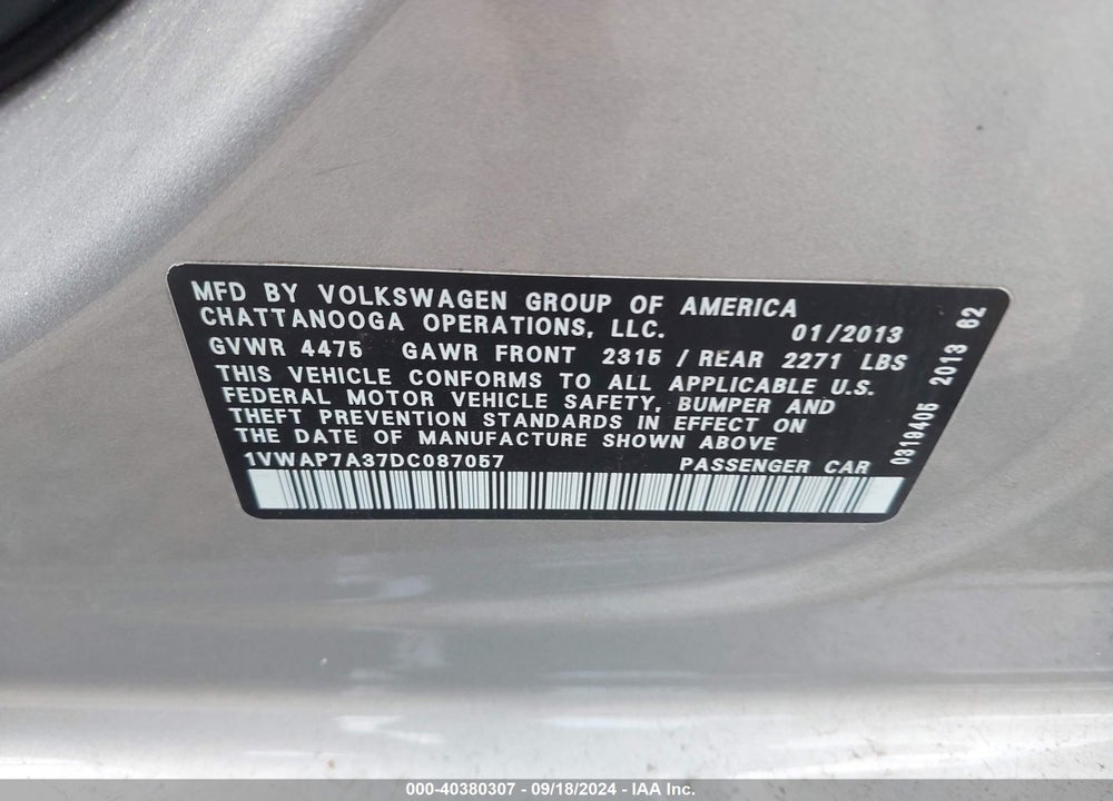 2013 VOLKSWAGEN PASSAT 2.5L S VIN: 1VWAP7A37DC087057