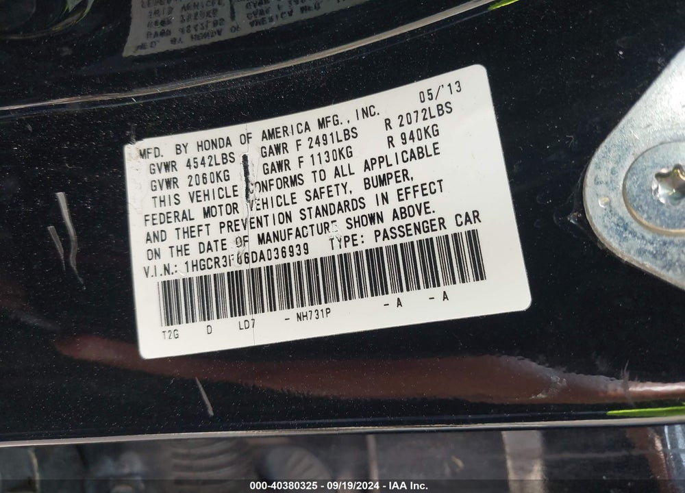 2013 HONDA ACCORD EX-L V-6 VIN: 1HGCR3F86DA036939