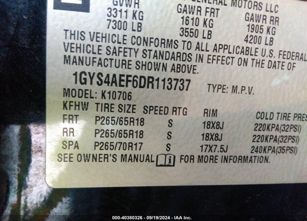 2013 CADILLAC ESCALADE STANDARD VIN: 1GYS4AEF6DR113737