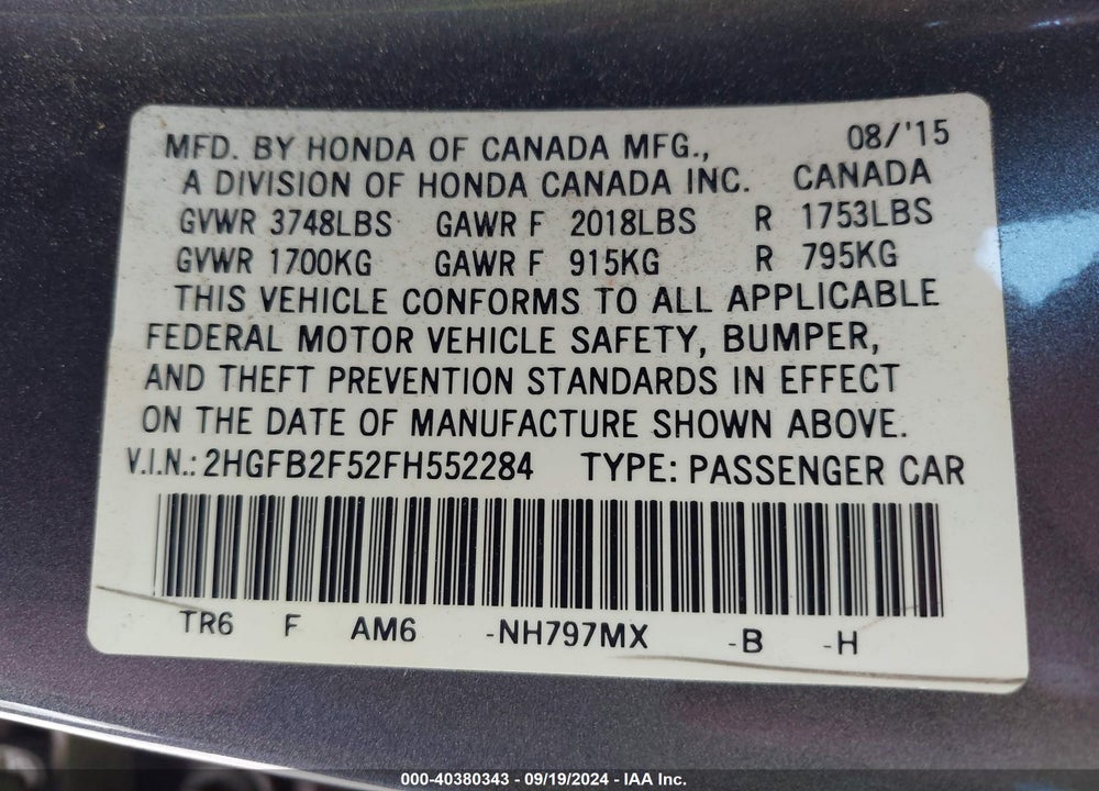 2015 HONDA CIVIC LX VIN: 2HGFB2F52FH552284