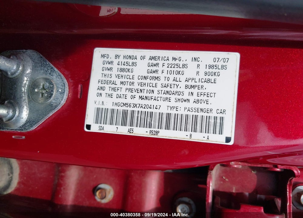 2007 HONDA ACCORD 2.4 SE VIN: 1HGCM563X7A204147