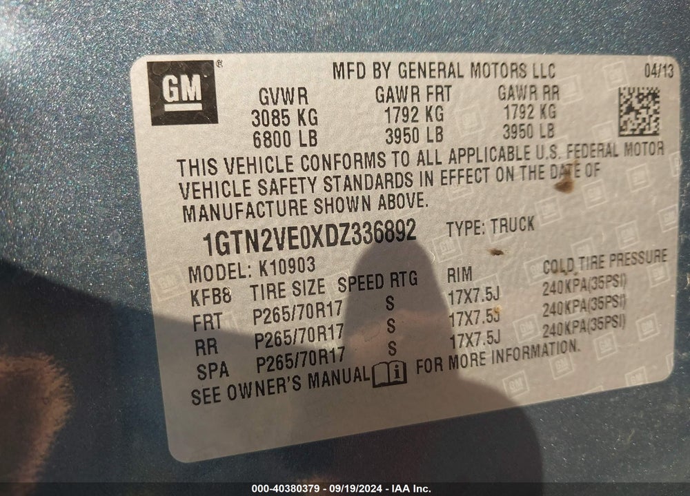 2013 GMC SIERRA 1500 SLE VIN: 1GTN2VE0XDZ336892