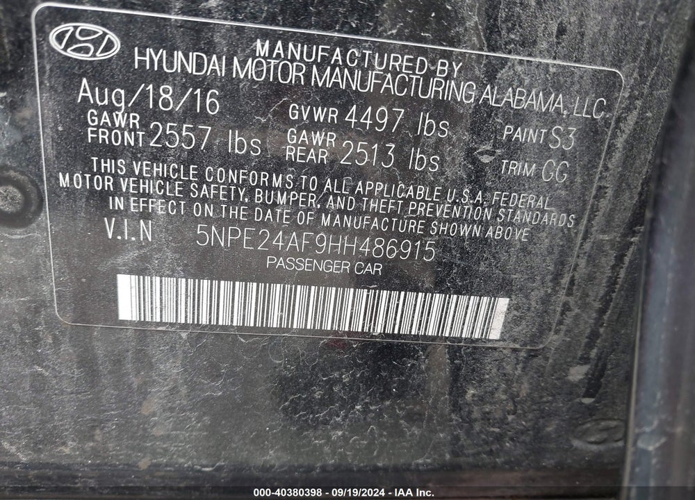 2017 HYUNDAI SONATA SE VIN: 5NPE24AF9HH486915