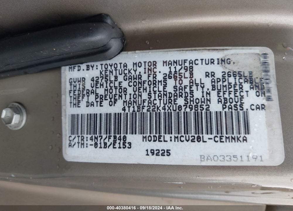 1999 TOYOTA CAMRY LE V6 VIN: 4T1BF22K4XU079852