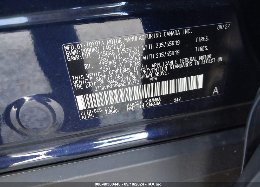 2022 TOYOTA RAV4 XLE PREMIUM VIN: 2T3A1RFV9NW300373