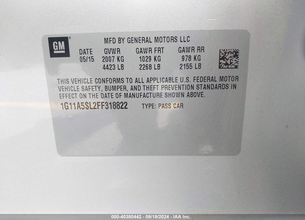 2015 CHEVROLET MALIBU 1FL VIN: 1G11A5SL2FF318822