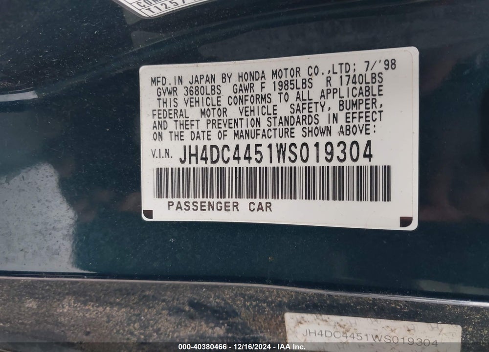 1998 ACURA INTEGRA LS VIN: JH4DC4451WS019304