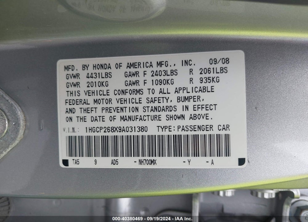 2009 HONDA ACCORD 2.4 EX-L VIN: 1HGCP268X9A031380