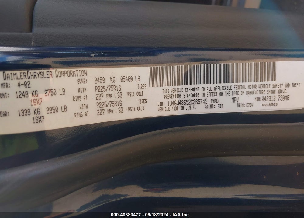 2002 JEEP GRAND CHEROKEE LAREDO VIN: 1J4GW48S52C265745