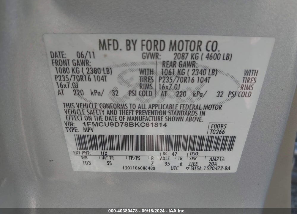 2011 FORD ESCAPE XLT VIN: 1FMCU9D78BKC61814