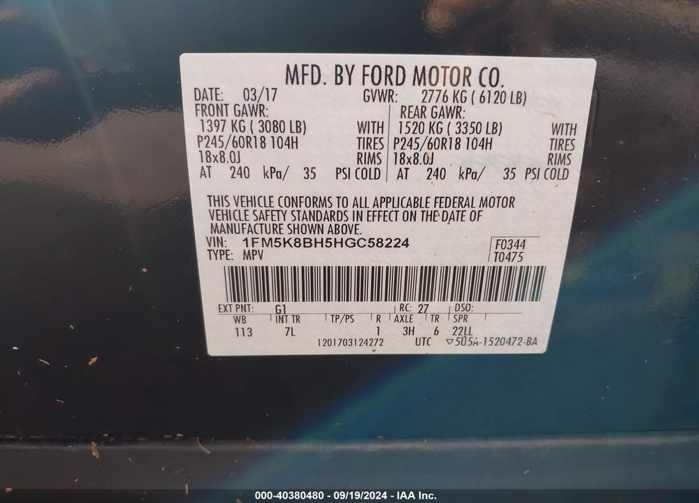 2017 FORD EXPLORER VIN: 1FM5K8BH5HGC58224