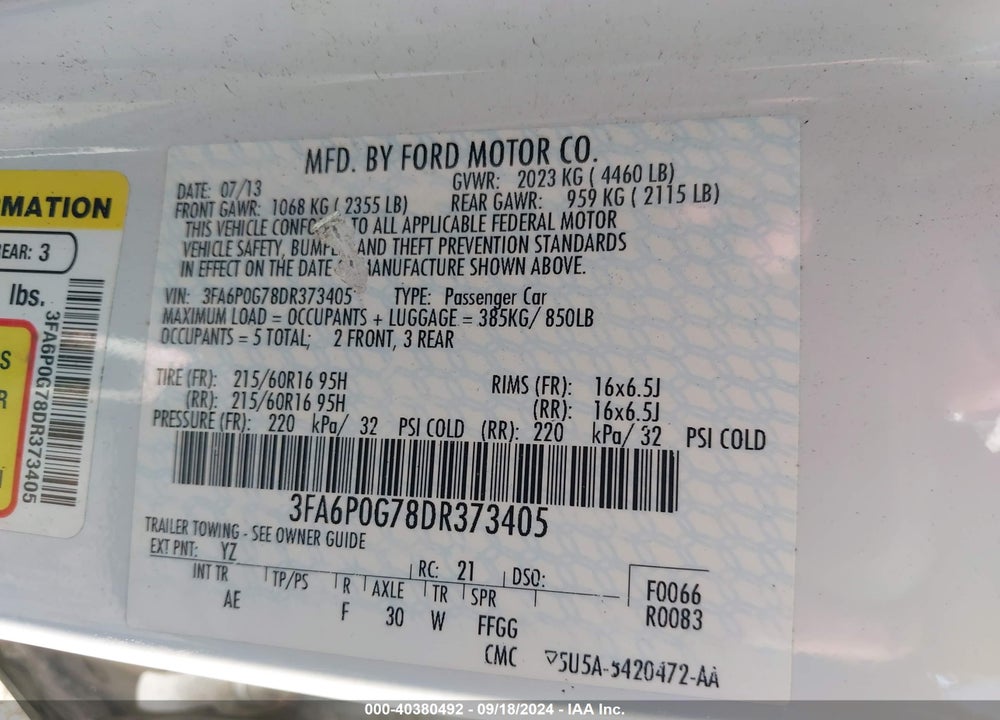 2013 FORD FUSION S VIN: 3FA6P0G78DR373405