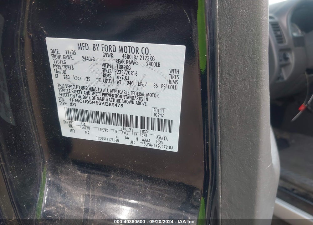 2006 FORD ESCAPE HYBRID VIN: 1FMCU95H66KB89475
