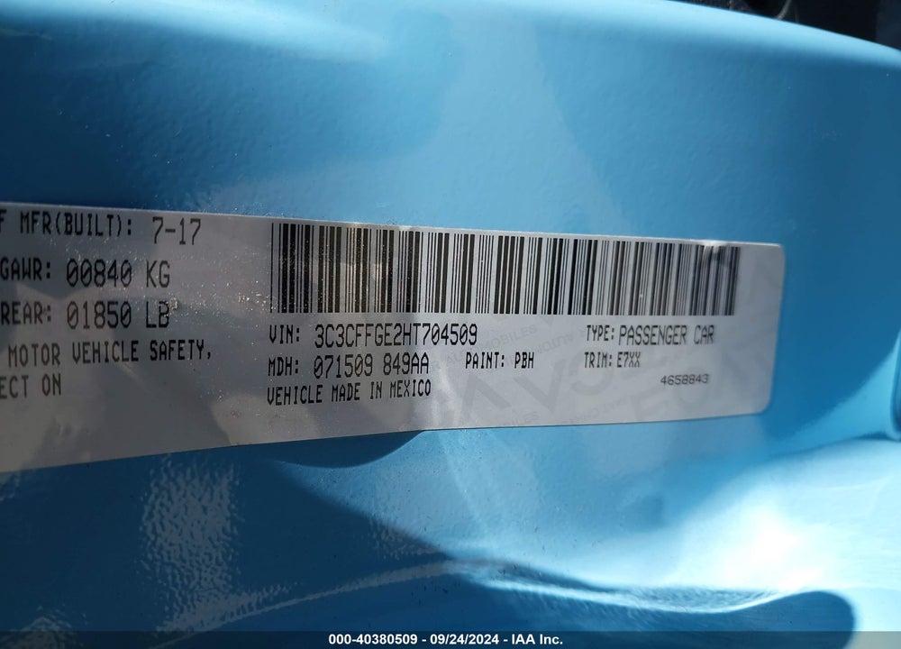 2017 FIAT 500E BATTERY ELECTRIC VIN: 3C3CFFGE2HT704509