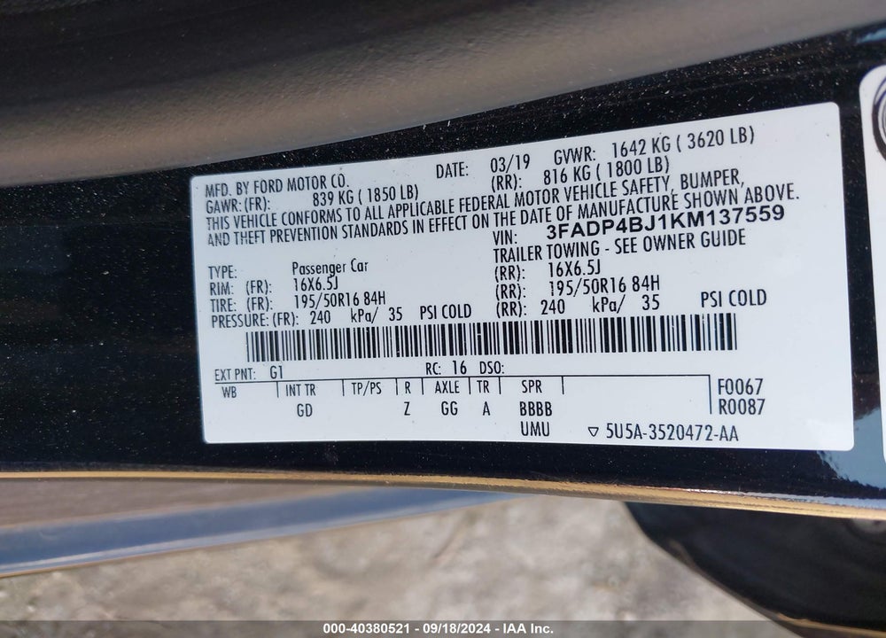 2019 FORD FIESTA SE VIN: 3FADP4BJ1KM137559