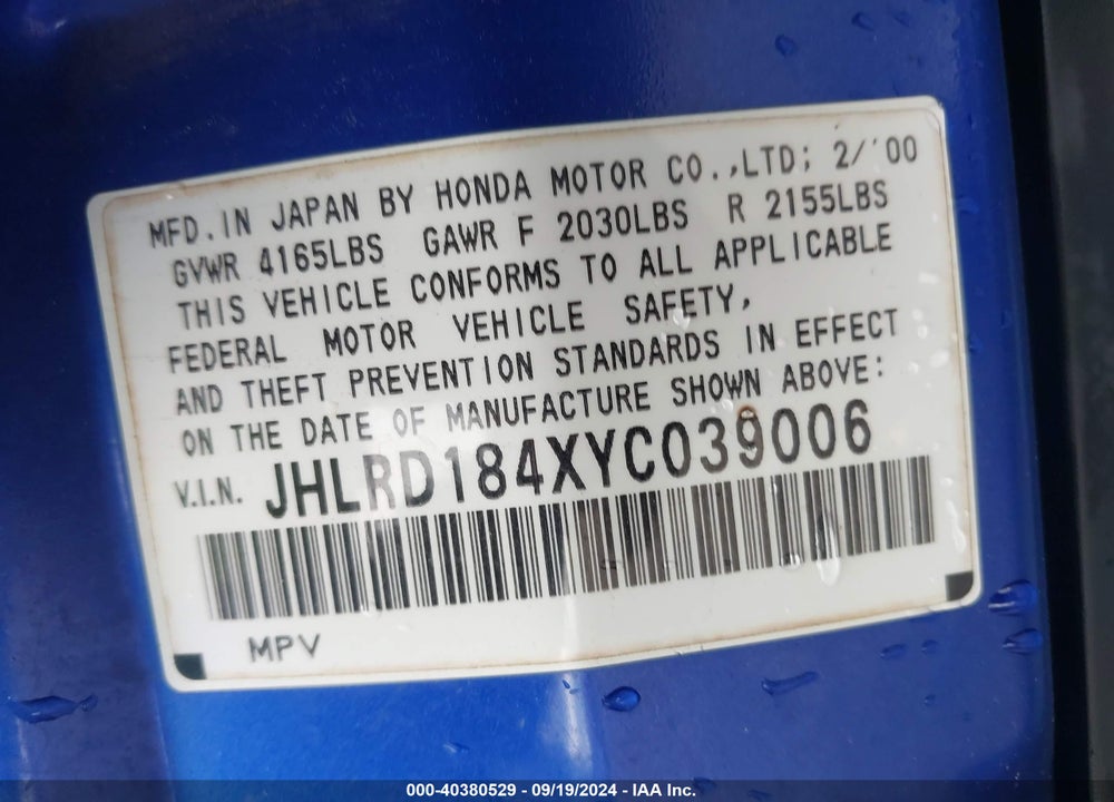 2000 HONDA CR-V VIN: JHLRD184XYC039006