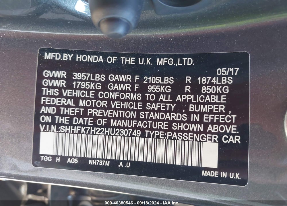 2017 HONDA CIVIC LX VIN: SHHFK7H22HU230749