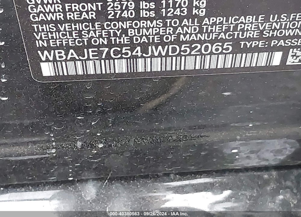 2018 BMW 540I XDRIVE VIN: WBAJE7C54JWD52065