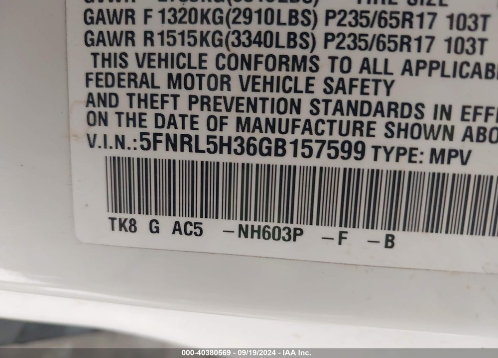 2016 HONDA ODYSSEY SE VIN: 5FNRL5H36GB157599
