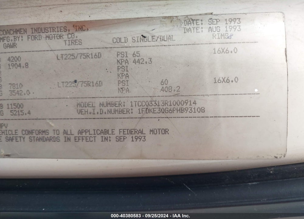 1993 FORD ECONOLINE E350 CUTAWAY VAN VIN: 1FDKE30G6PHB93108