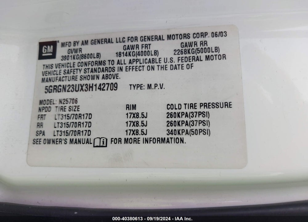 2003 HUMMER H2 VIN: 5GRGN23UX3H142709