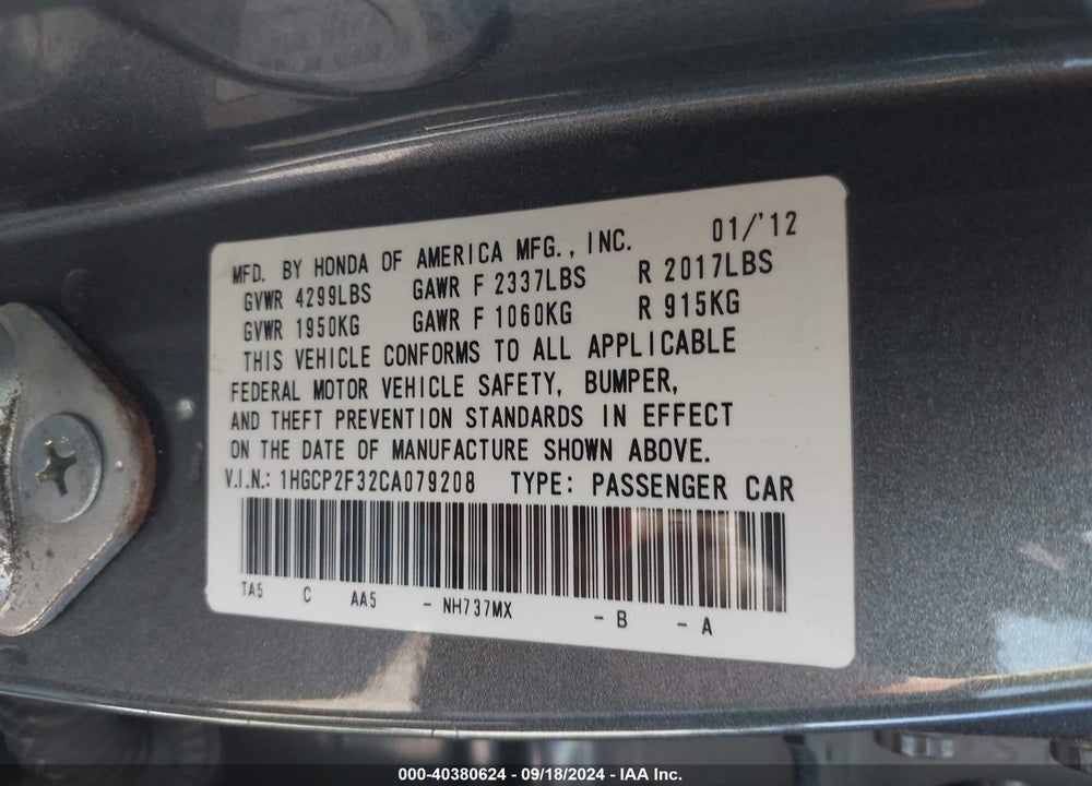 2012 HONDA ACCORD 2.4 LX VIN: 1HGCP2F32CA079208