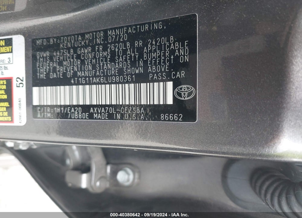 2020 TOYOTA CAMRY SE VIN: 4T1G11AK6LU980361