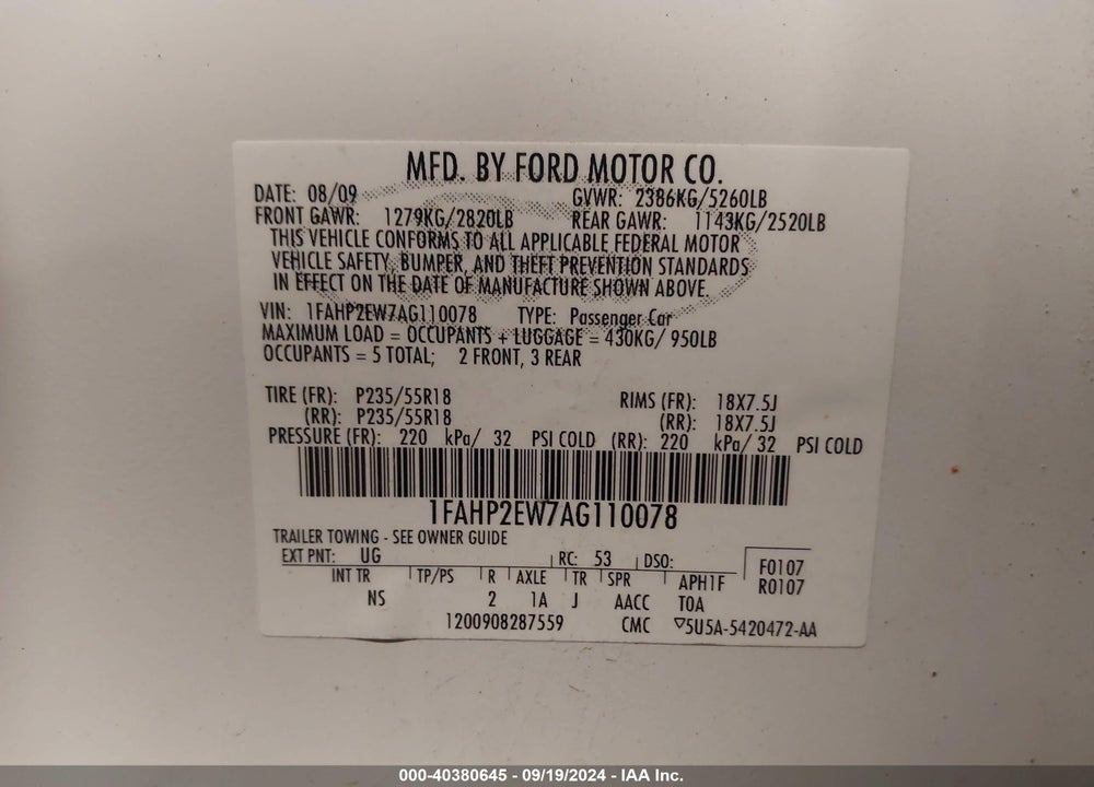 2010 FORD TAURUS SEL VIN: 1FAHP2EW7AG110078