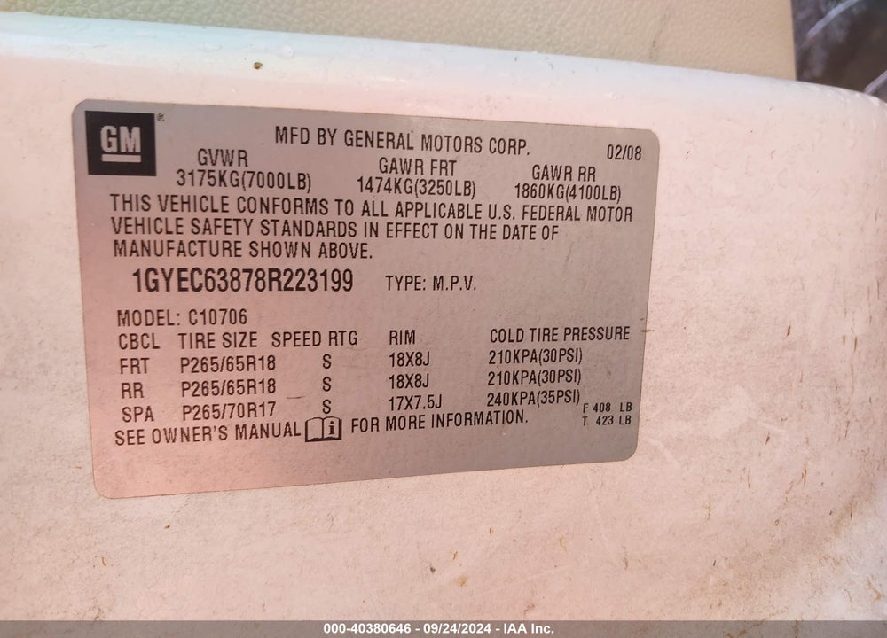 2008 CADILLAC ESCALADE STANDARD VIN: 1GYEC63878R223199