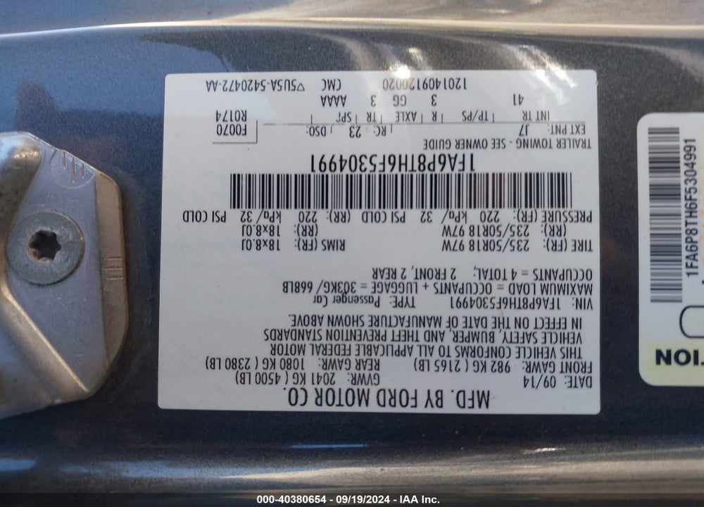 2015 FORD MUSTANG ECOBOOST VIN: 1FA6P8TH6F5304991
