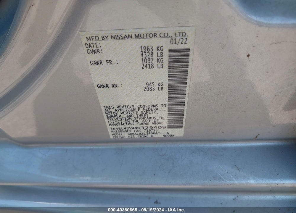 2022 NISSAN ALTIMA SV FWD VIN: 1N4BL4DV4NN329409