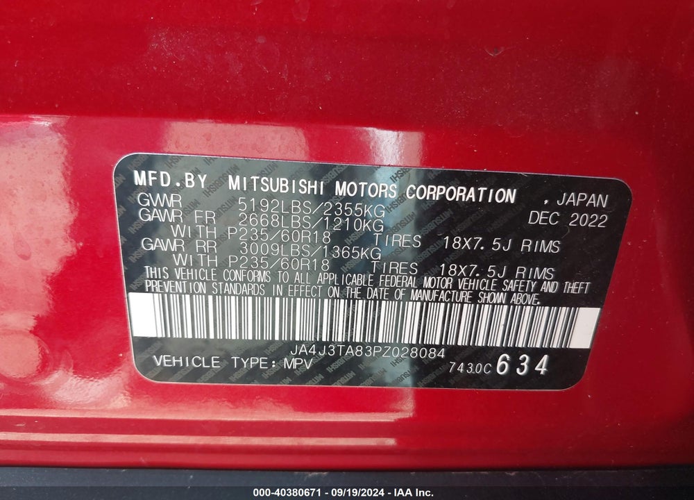 2023 MITSUBISHI OUTLANDER ES 2.5 2WD VIN: JA4J3TA83PZ028084