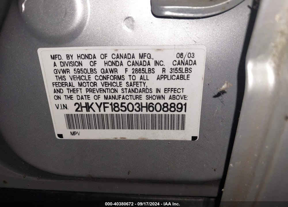2003 HONDA PILOT EX-L VIN: 2HKYF18503H608891