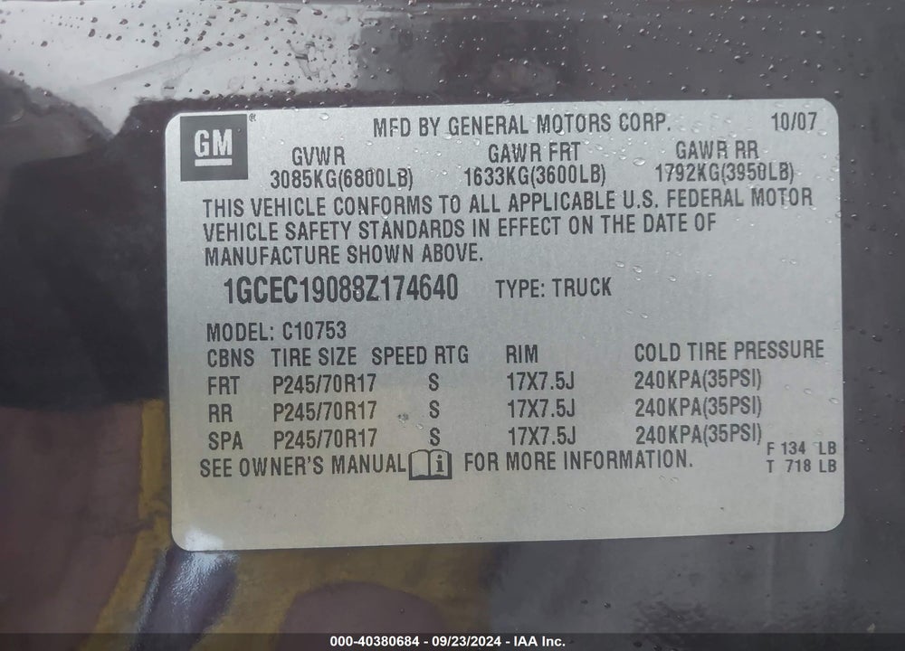 2008 CHEVROLET SILVERADO 1500 LT1 VIN: 1GCEC19088Z174640