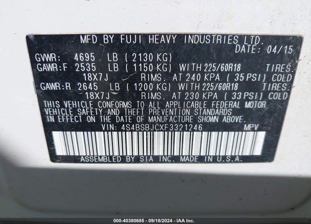 2015 SUBARU OUTBACK 2.5I LIMITED VIN: 4S4BSBJCXF3321246