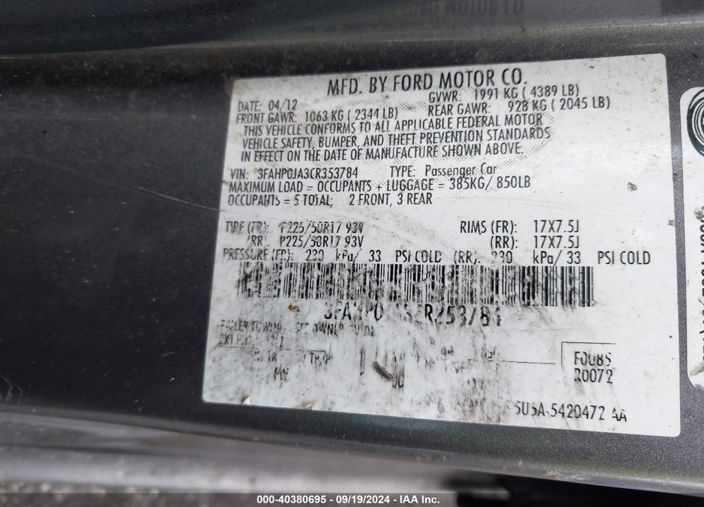 2012 FORD FUSION SEL VIN: 3FAHP0JA3CR353784