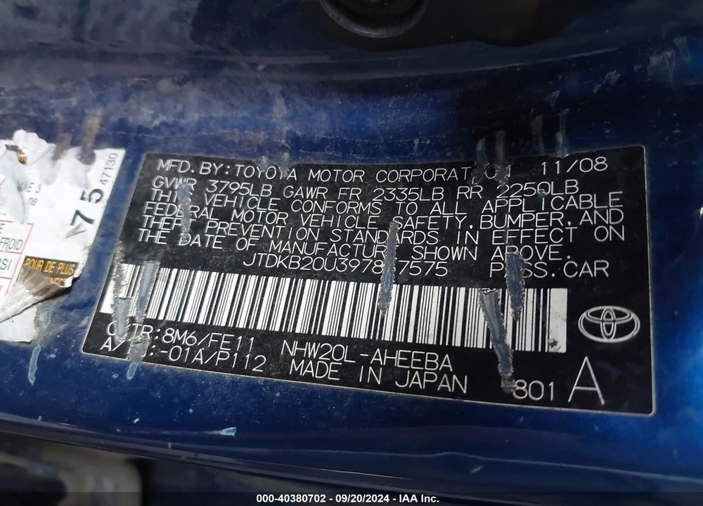 2009 TOYOTA PRIUS VIN: JTDKB20U397867575