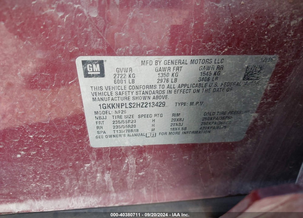 2017 GMC ACADIA DENALI VIN: 1GKKNPLS2HZ213429