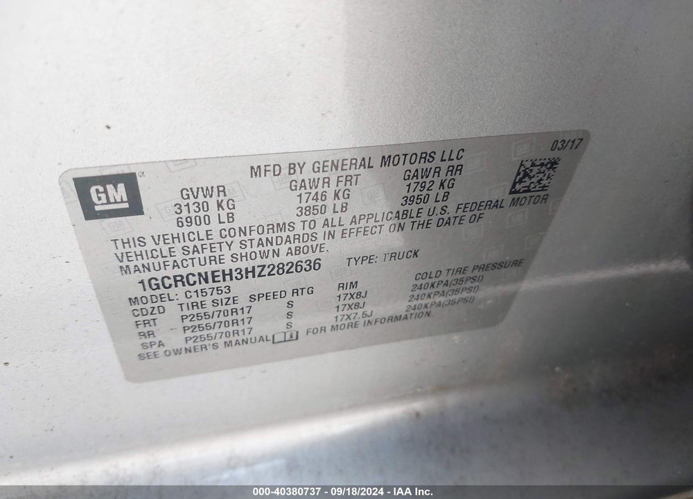 2017 CHEVROLET SILVERADO 1500 WT VIN: 1GCRCNEH3HZ282636