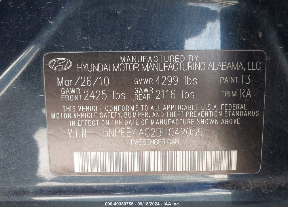 2011 HYUNDAI SONATA GLS VIN: 5NPEB4AC2BH042059