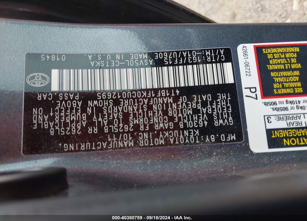 2012 TOYOTA CAMRY SE VIN: 4T1BF1FK0CU012695
