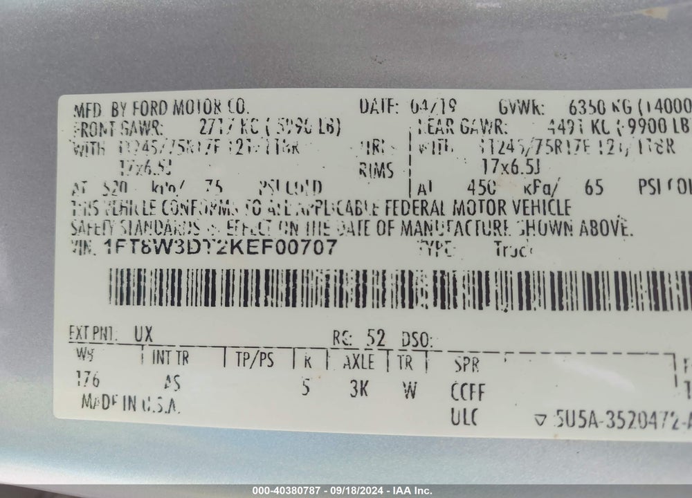 2019 FORD F-350 XL VIN: 1FT8W3DT2KEF00707