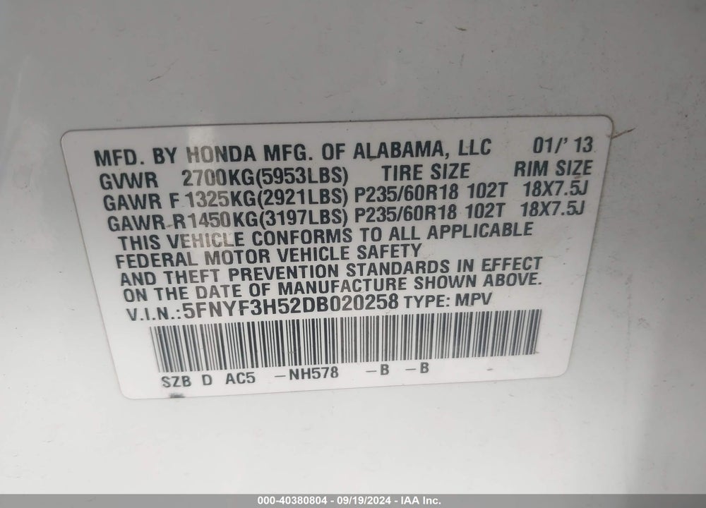 2013 HONDA PILOT EX-L VIN: 5FNYF3H52DB020258