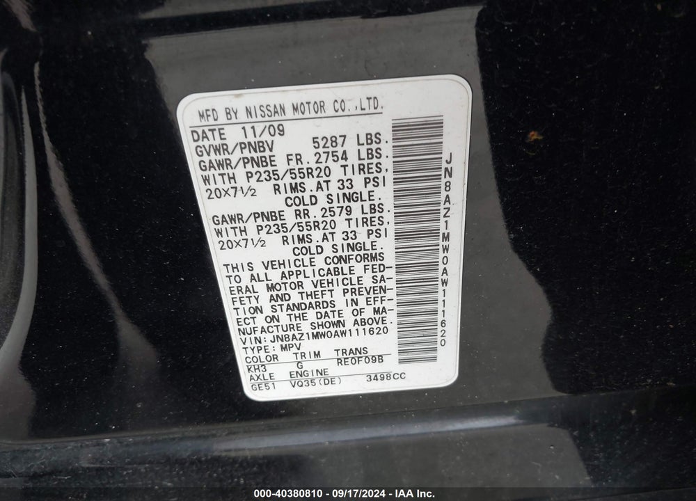 2010 NISSAN MURANO LE VIN: JN8AZ1MW0AW111620