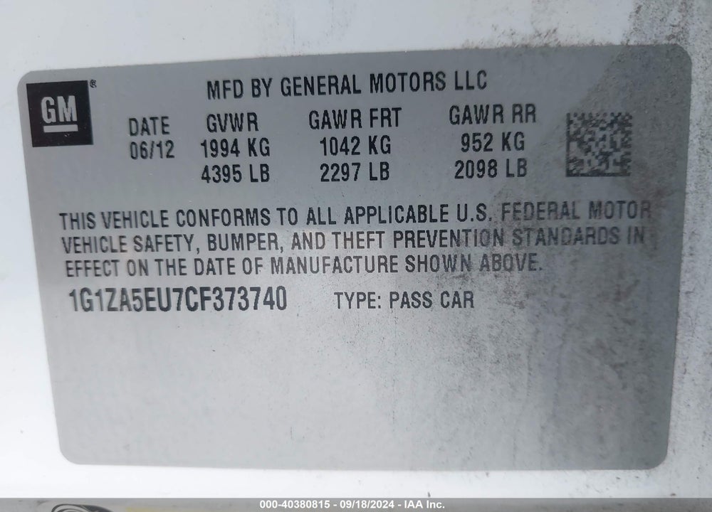 2012 CHEVROLET MALIBU LS VIN: 1G1ZA5EU7CF373740