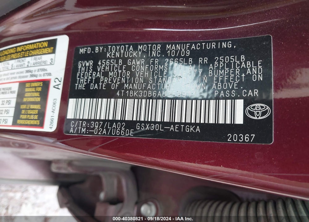 2010 TOYOTA AVALON XLS VIN: 4T1BK3DB6AU359911